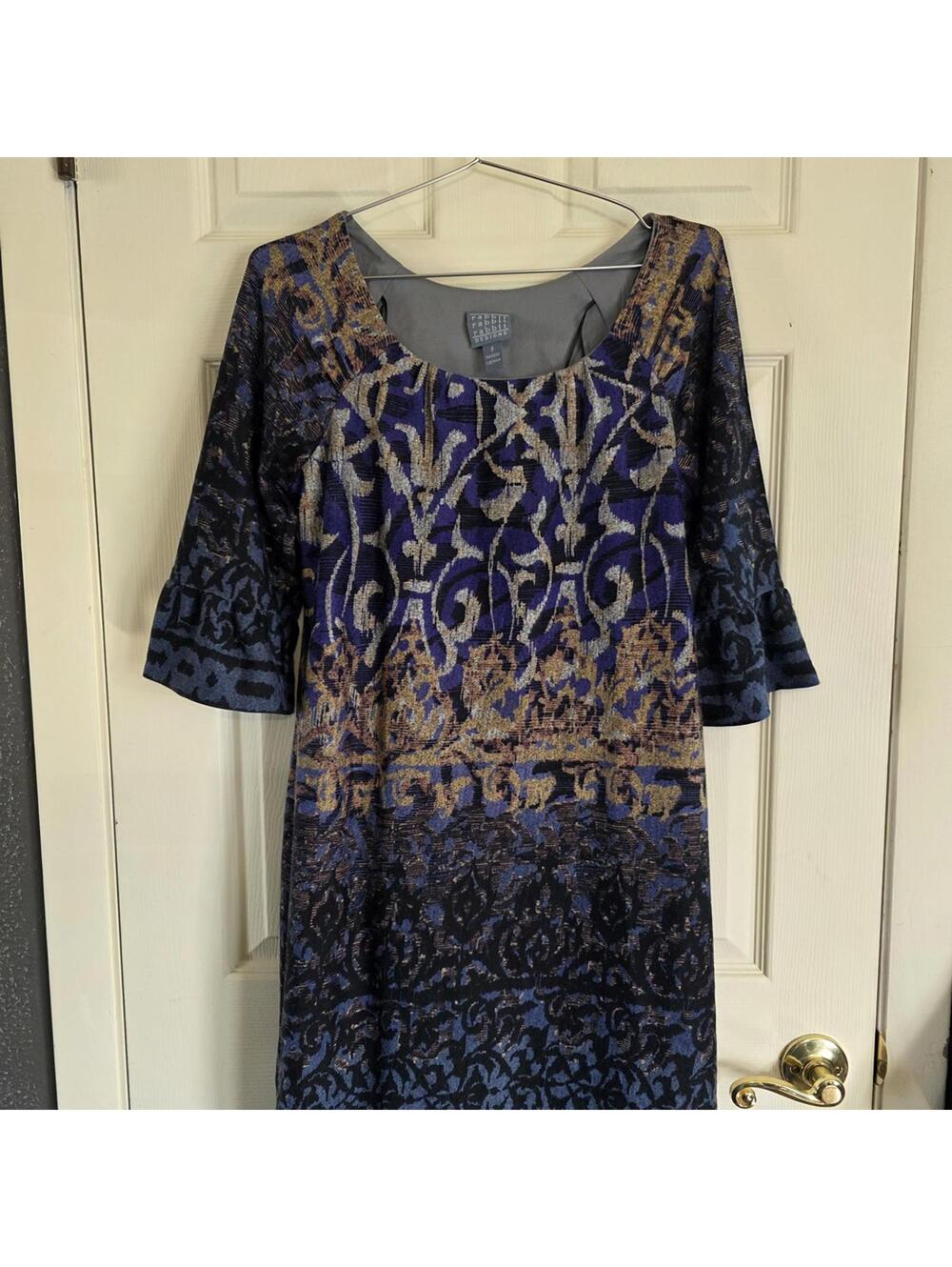 Rabbit Rabbit Rabbit Blue and Gold Jacquard Long-Sleeve Shift Dress